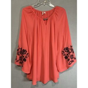 Embroidered Womens Long Flare Sleeve Tunic Top Size 14/16 Coral Boho‎ Festival